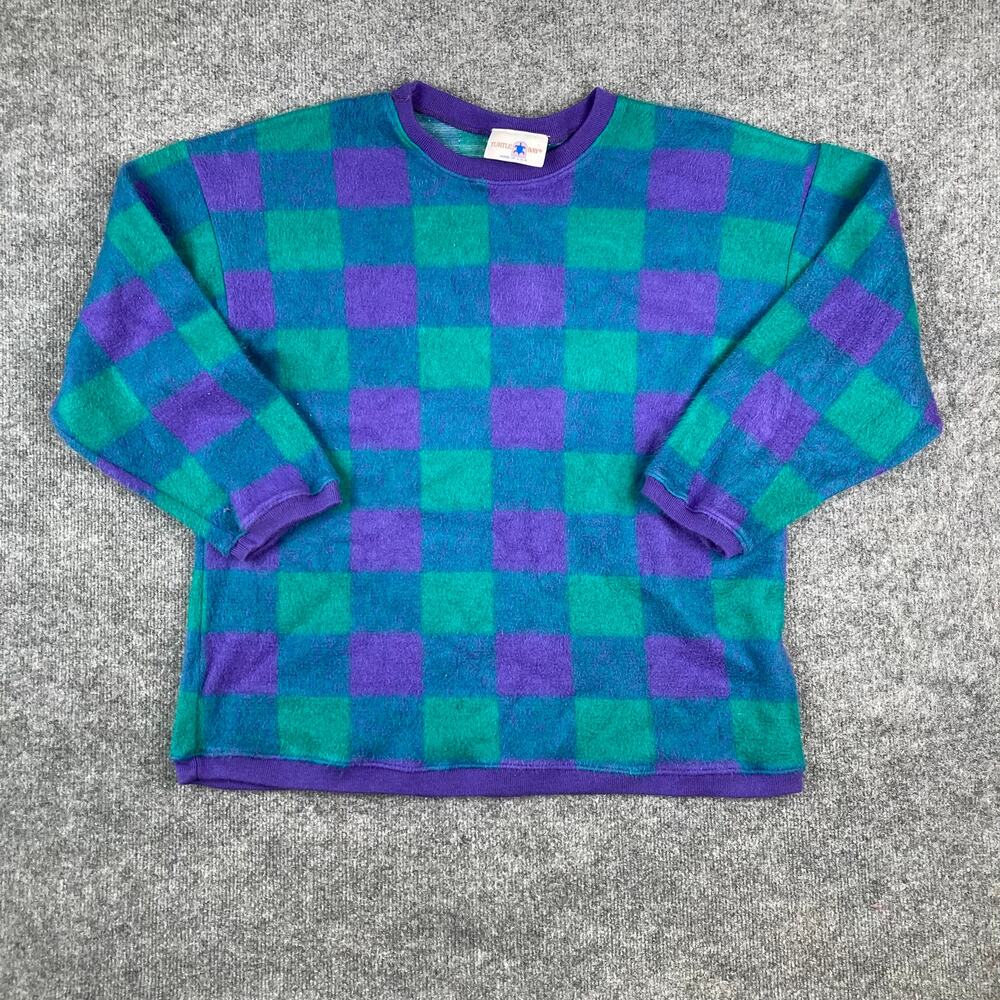 Vintage Sweater Mens Size M Green Purple Checkered Fuzzy Pullover USA 90s Look